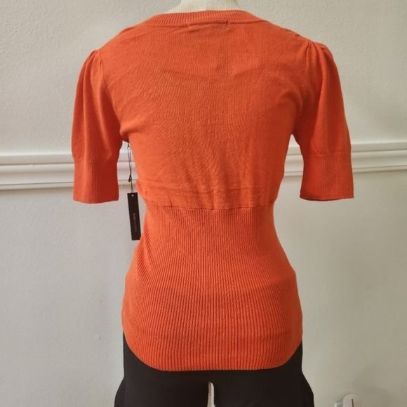 BCBGMaxAzri Orange Knit Short Sleeve Top Scoop Neck Cotton Stretch Women Medium - Picture 8 of 11